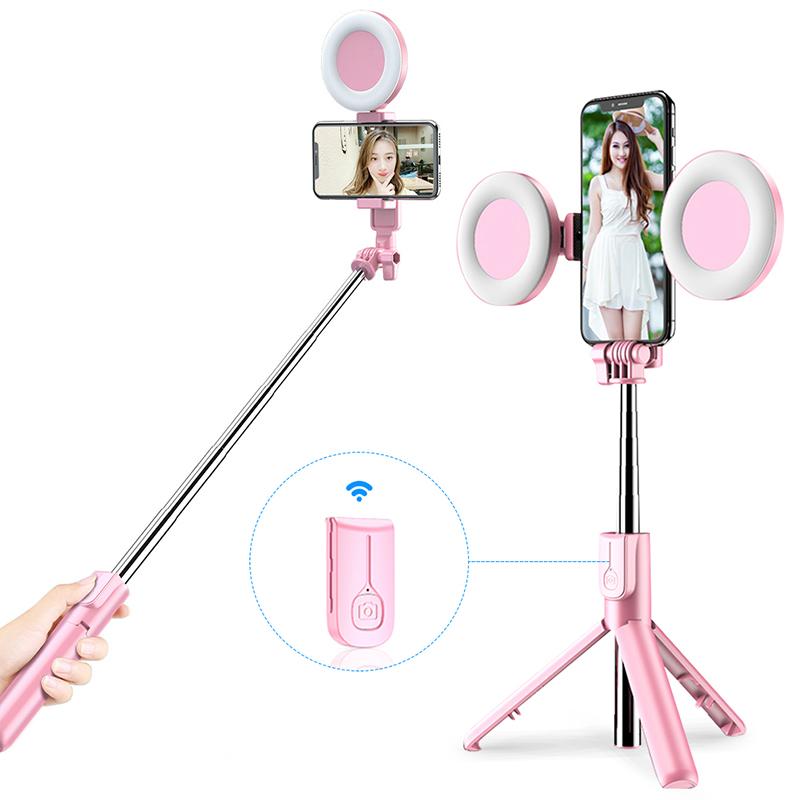 Wireless Bluetooth Selfie Stick with LED Ring Light and Foldable Tripod, showcasing its compact design and adjustable features.