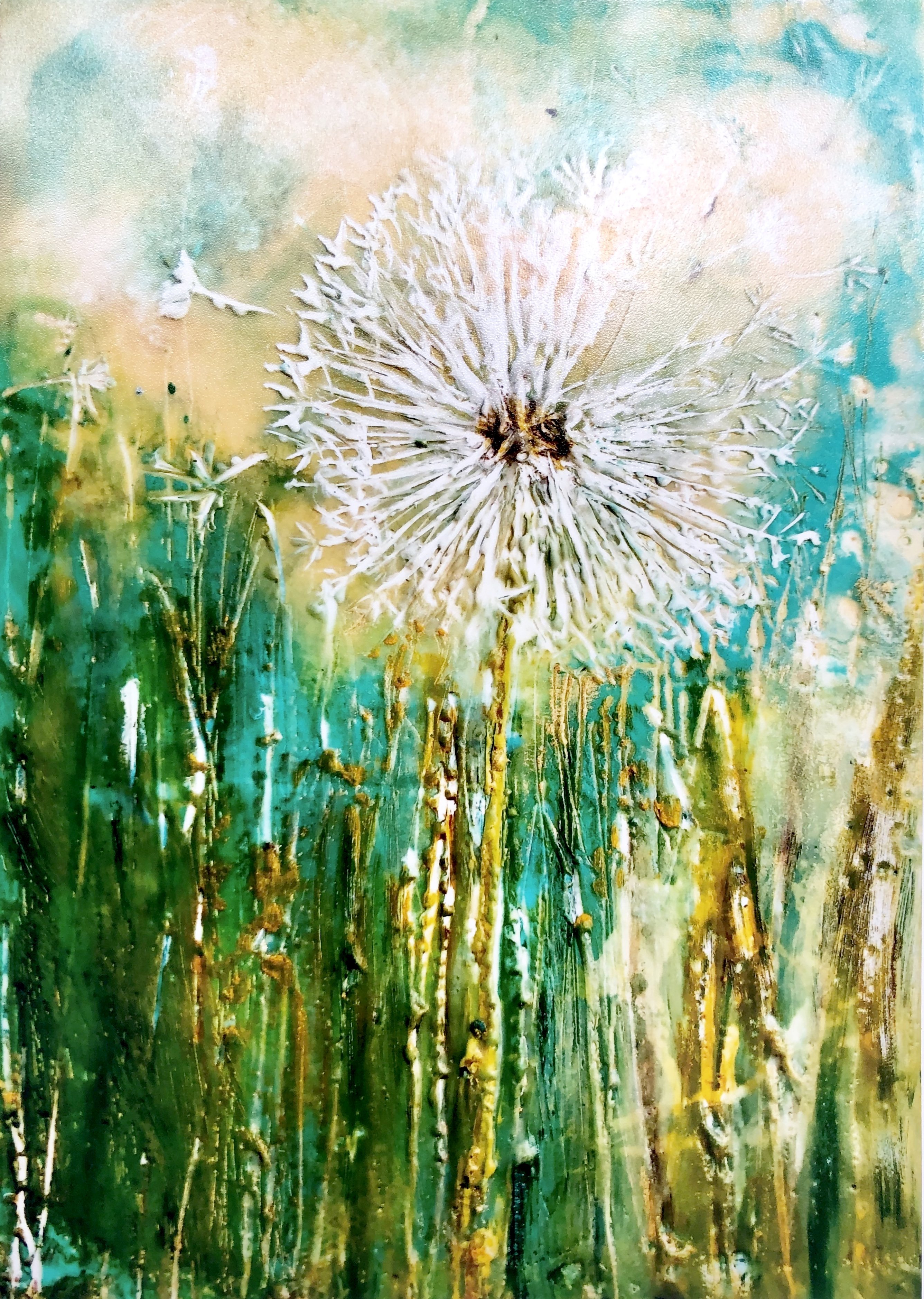 A delicate Dandelion print showcasing soft textures and vibrant colors, symbolizing wishes and dreams.