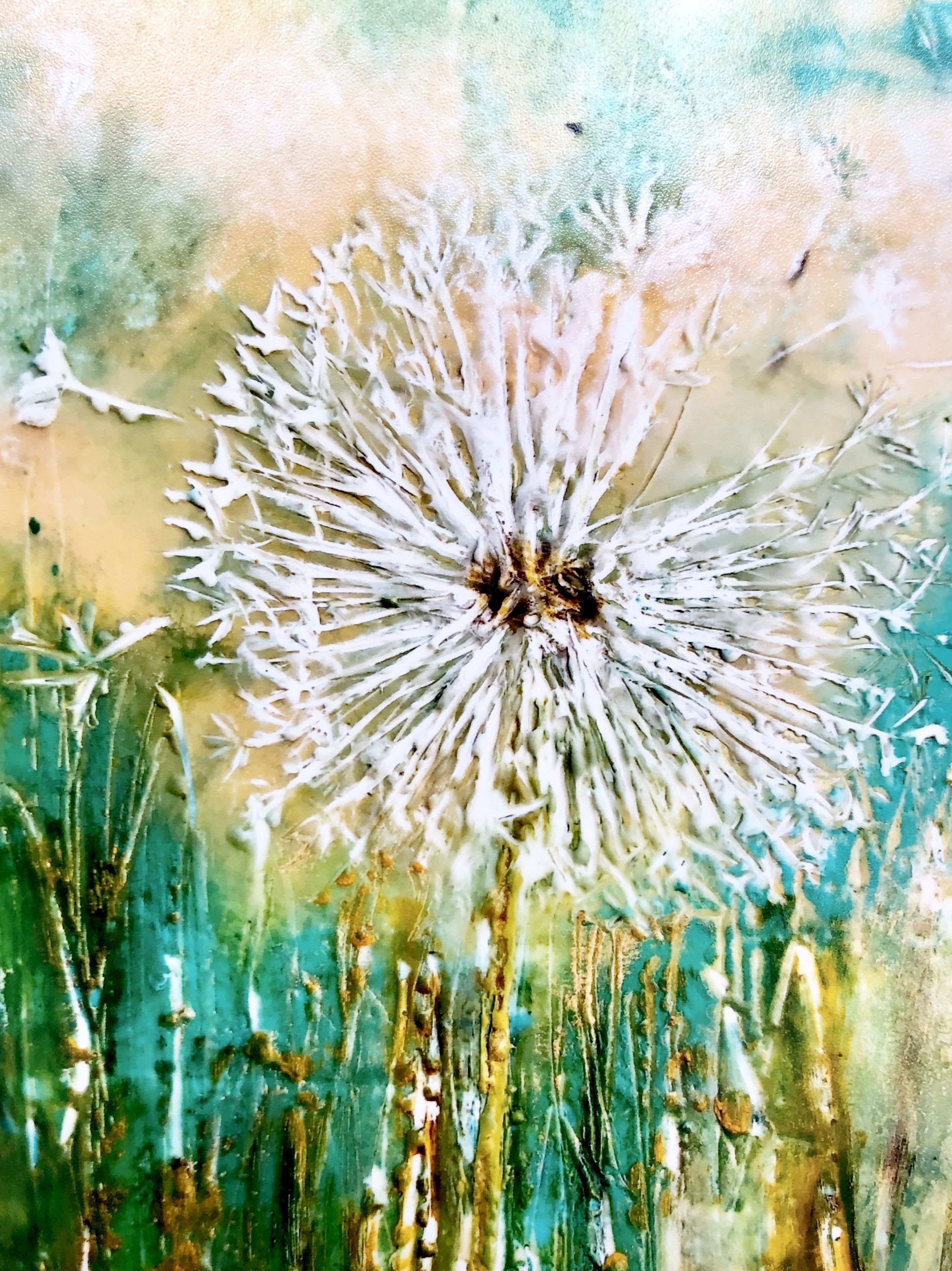 A delicate Dandelion print showcasing soft textures and vibrant colors, symbolizing wishes and dreams.