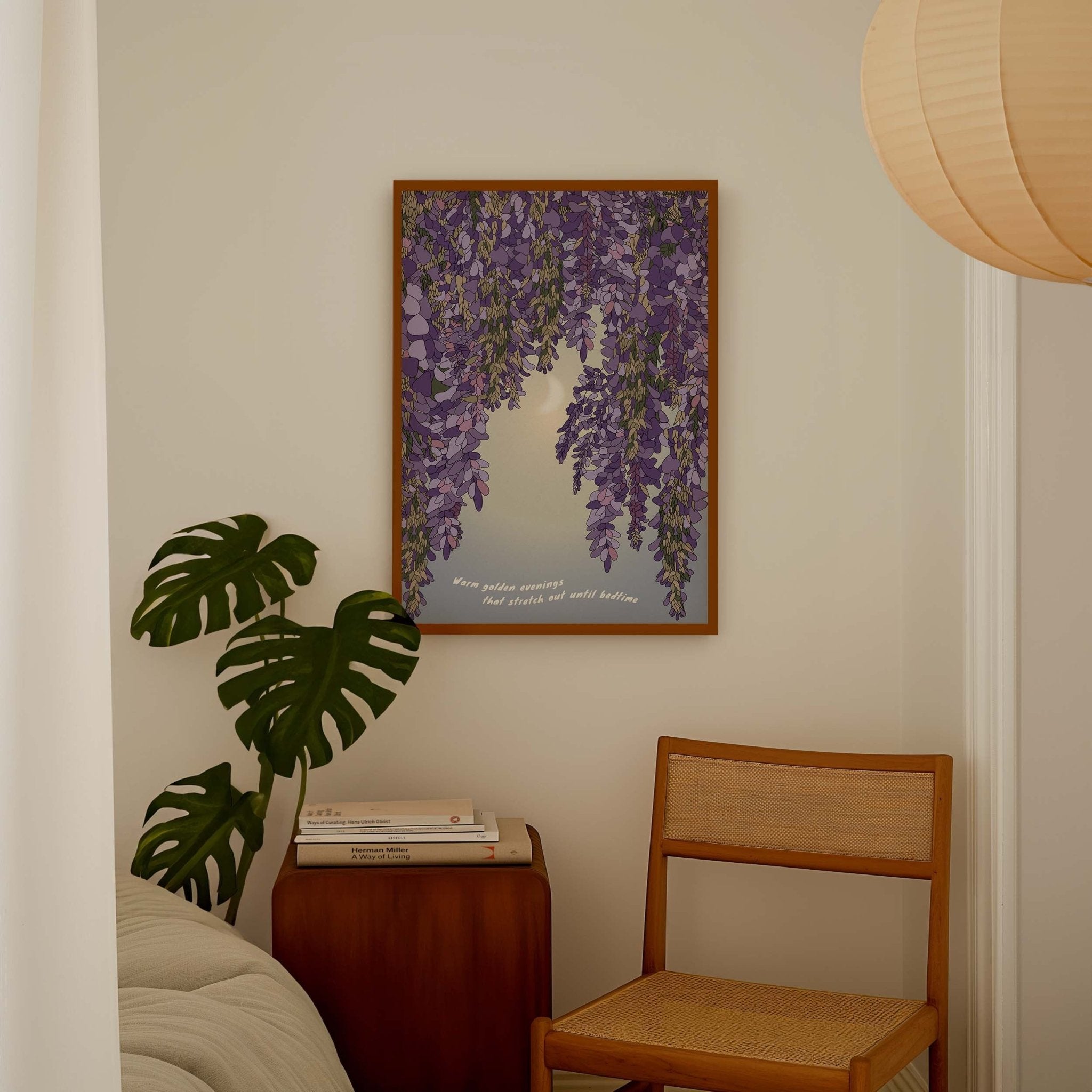 Wisteria and Moon Art Print featuring delicate wisteria blossoms and a glowing crescent moon, ideal for home decor.