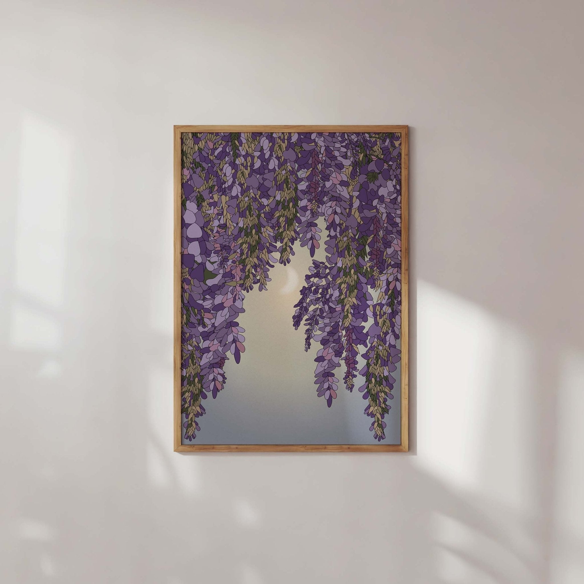 Wisteria and Moon Art Print featuring delicate wisteria blossoms and a glowing crescent moon, ideal for home decor.