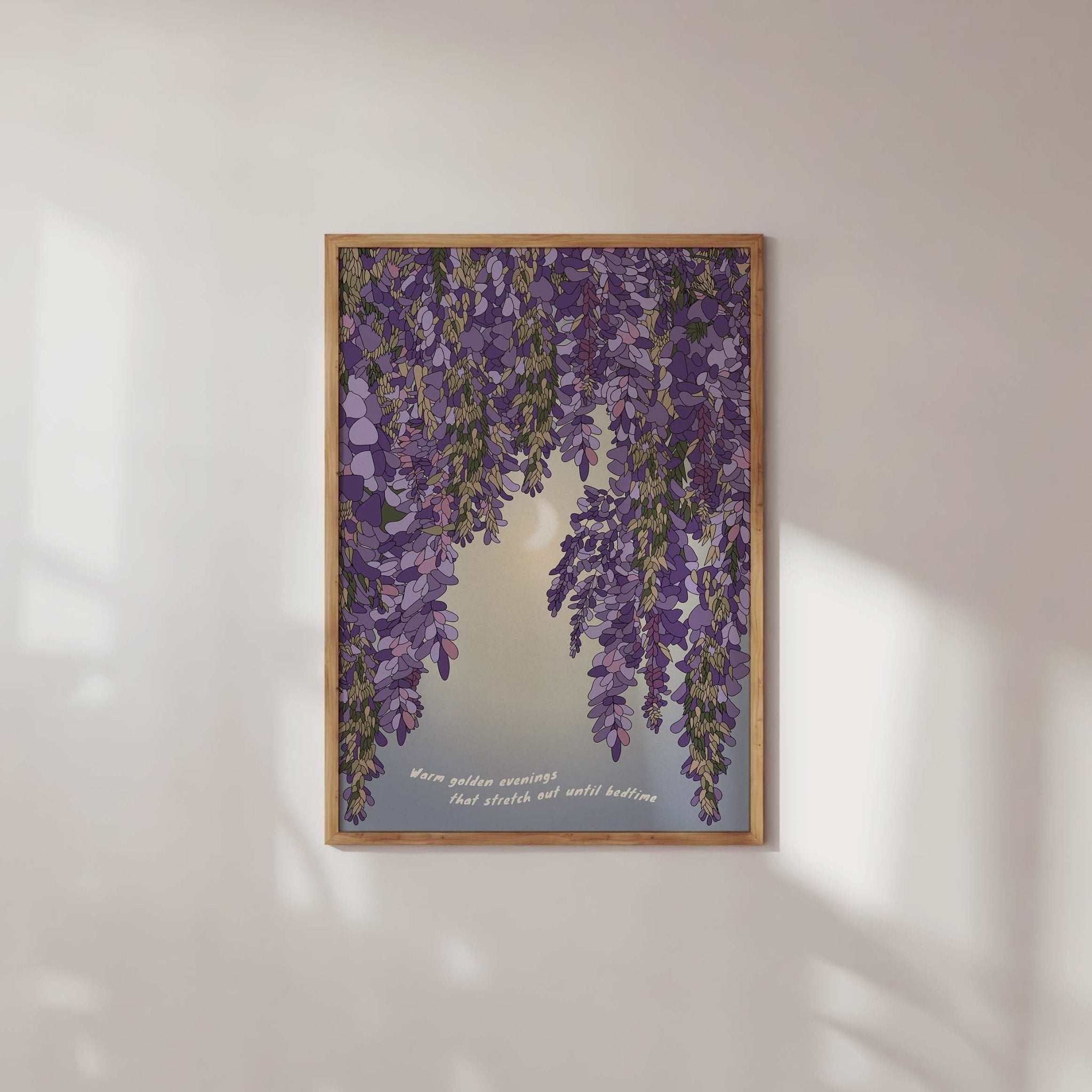 Wisteria and Moon Art Print featuring delicate wisteria blossoms and a glowing crescent moon, ideal for home decor.