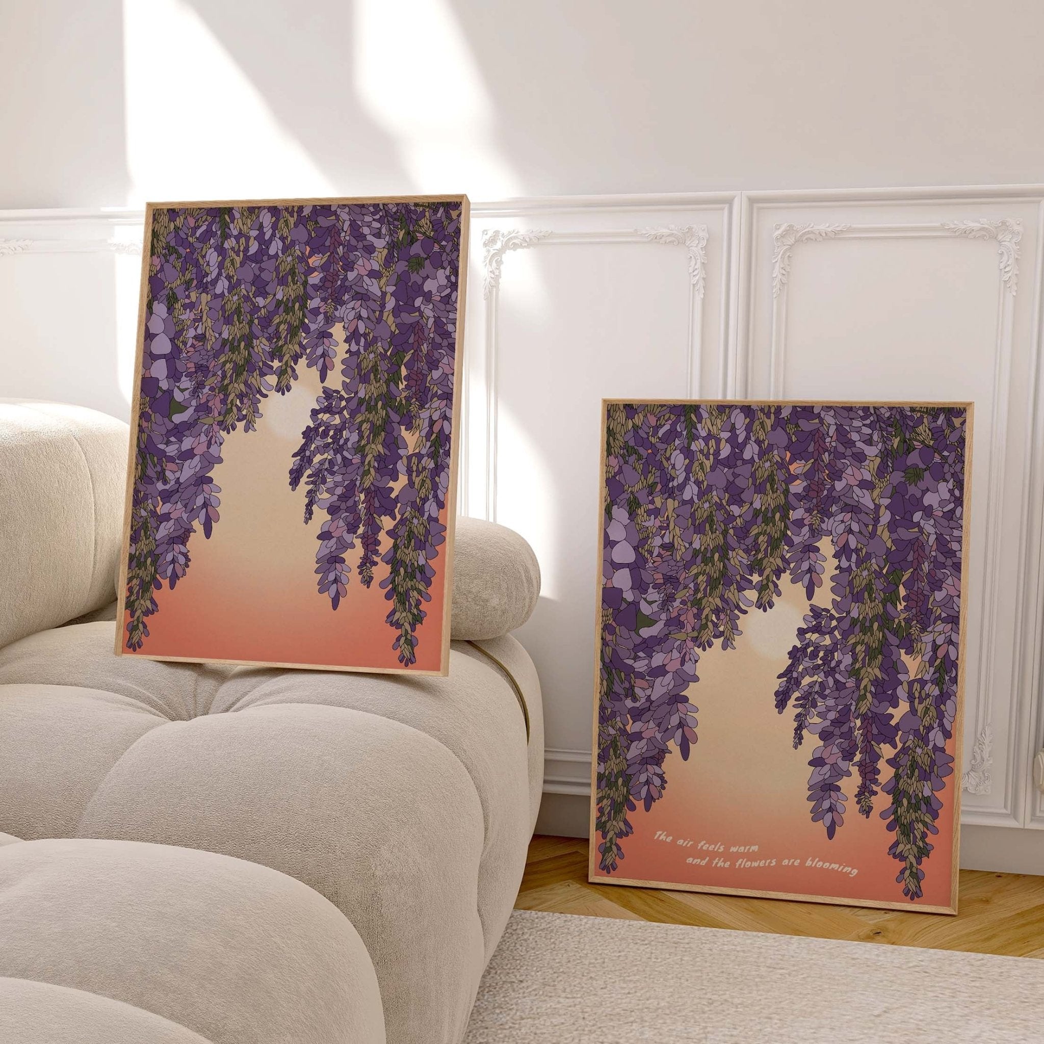 Wisteria and Sun Art Print featuring vibrant floral design in warm orange hues, ideal for bohemian home decor.