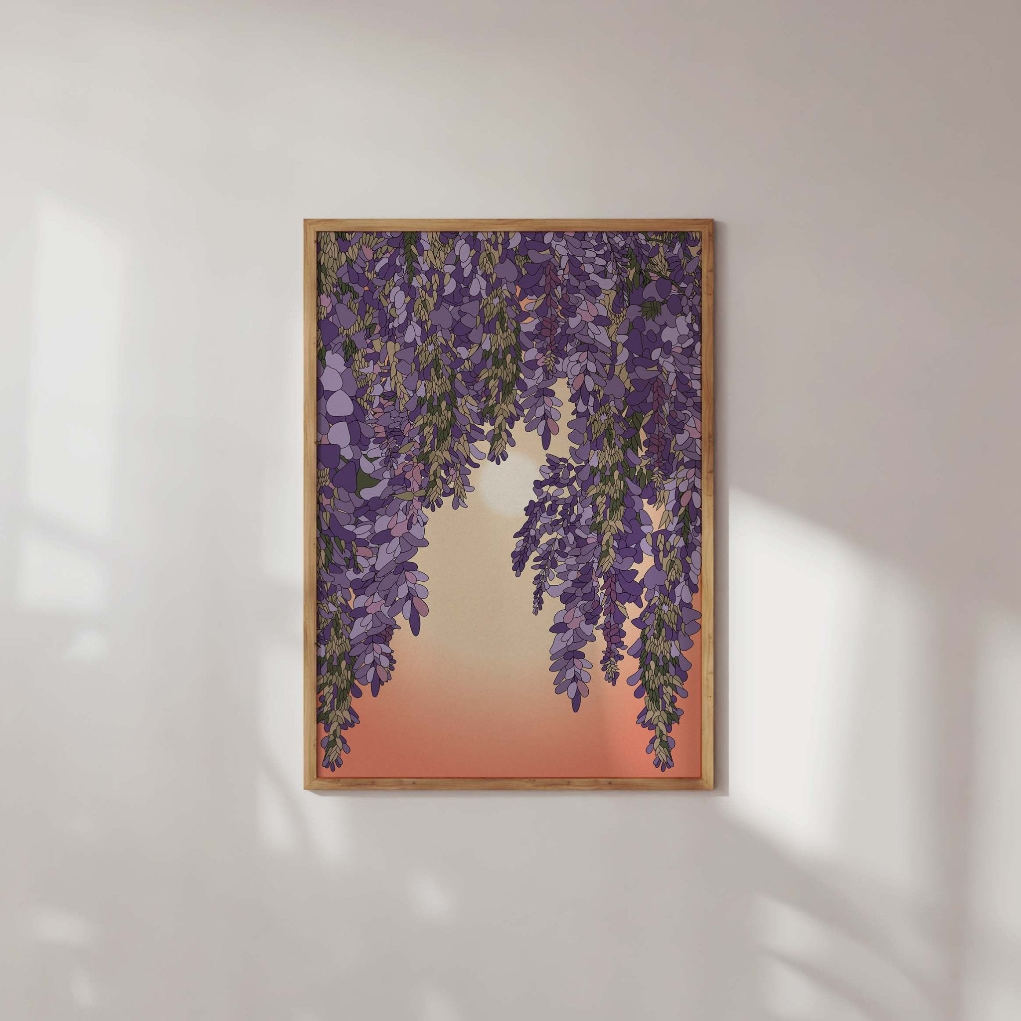 Wisteria and Sun Art Print featuring vibrant floral design in warm orange hues, ideal for bohemian home decor.