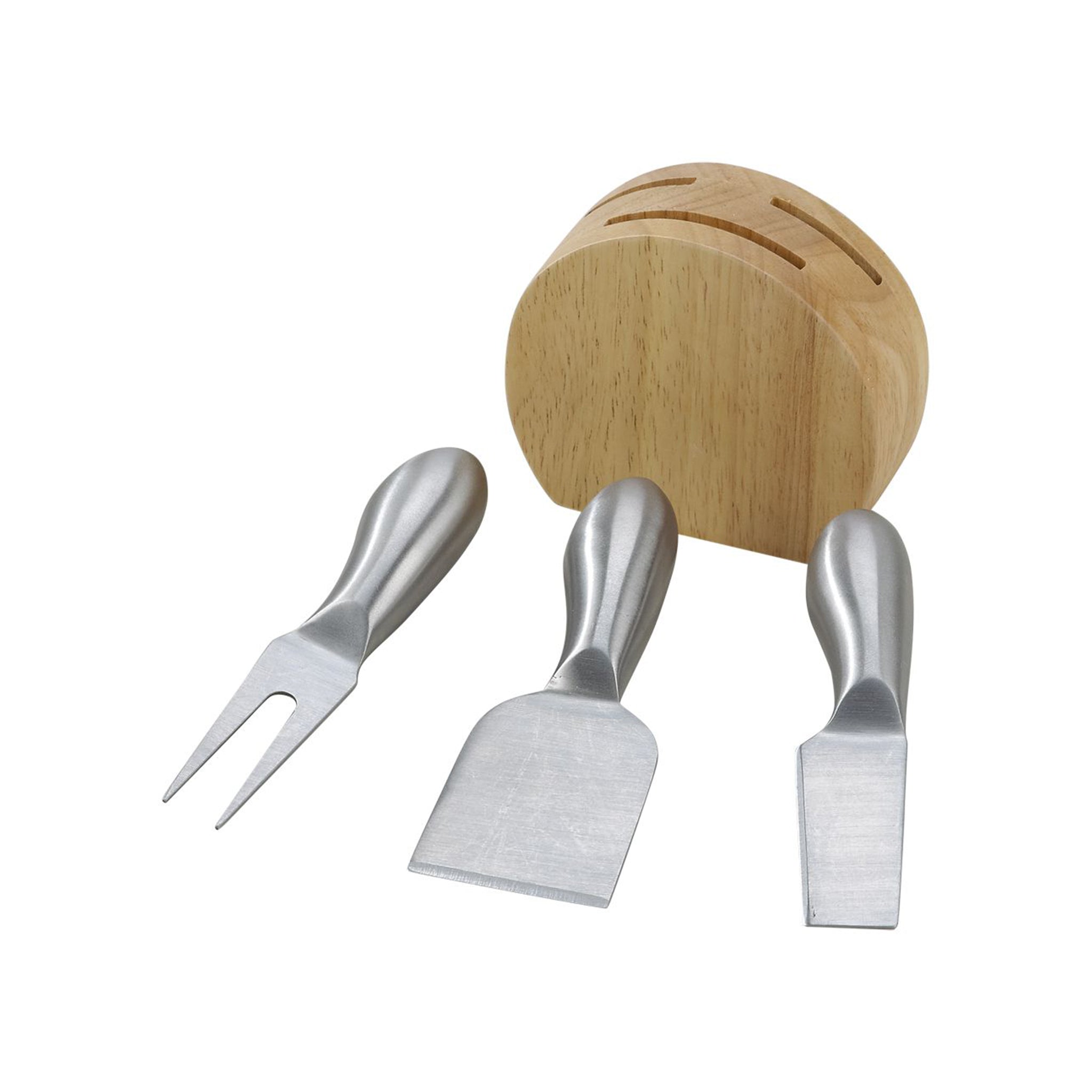 Wood block holding 3 stainless steel cheese utensils, elegantly designed for cheese lovers.