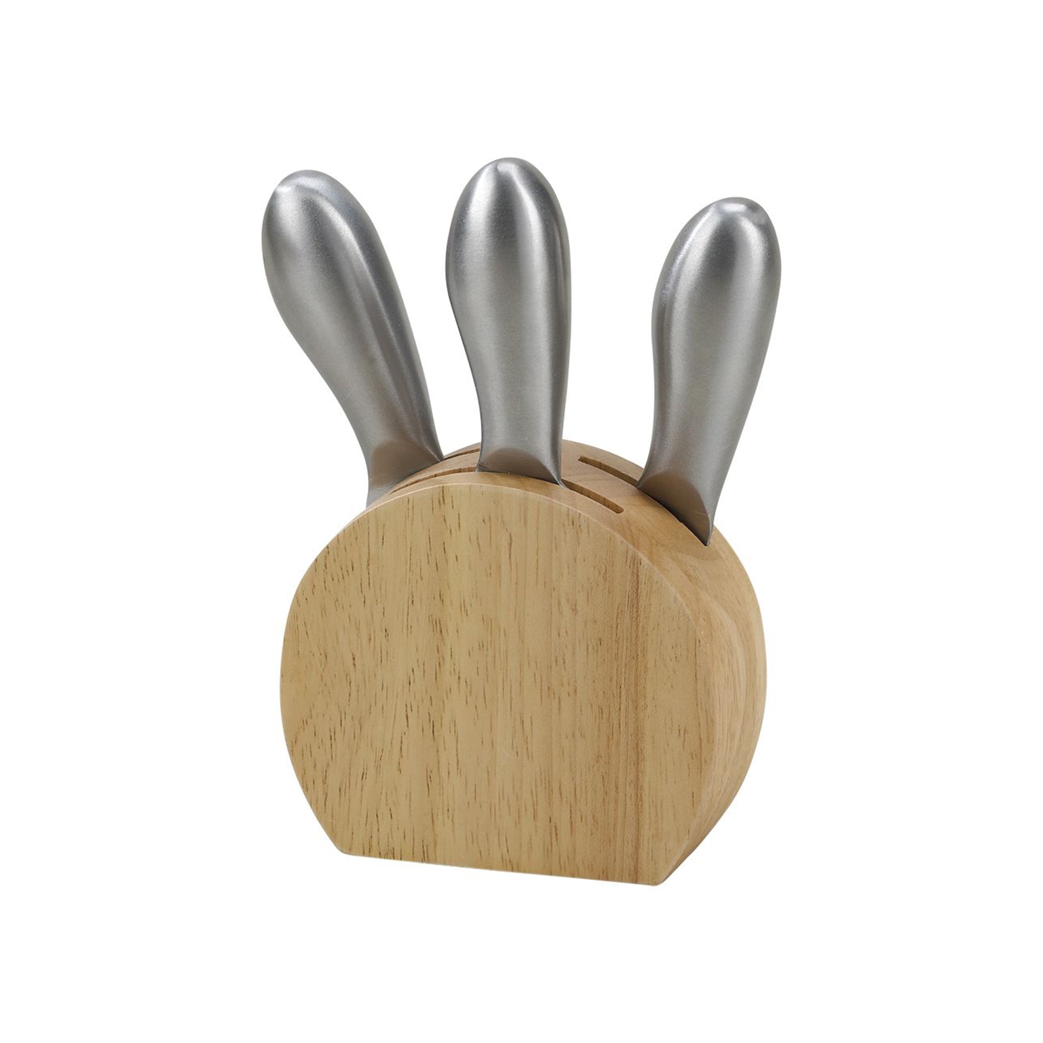 Wood block holding 3 stainless steel cheese utensils, elegantly designed for cheese lovers.