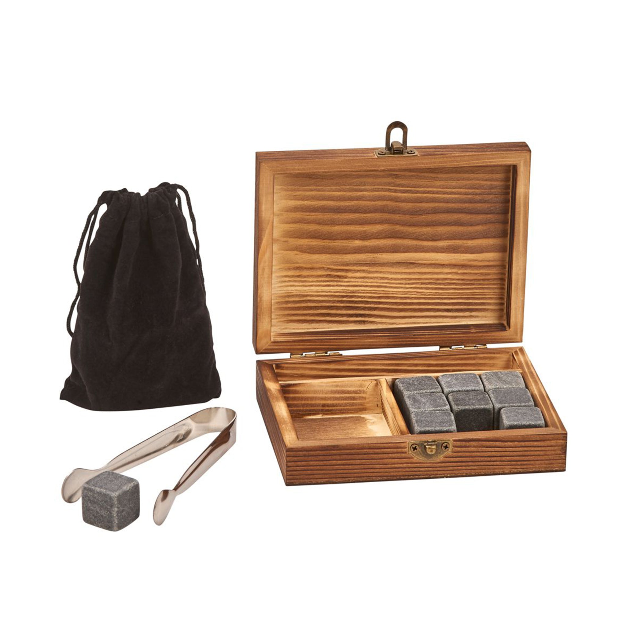 Wood Box Whiskey Stone Set featuring natural basalt stones, stainless steel tongs, and a rustic wooden storage box.