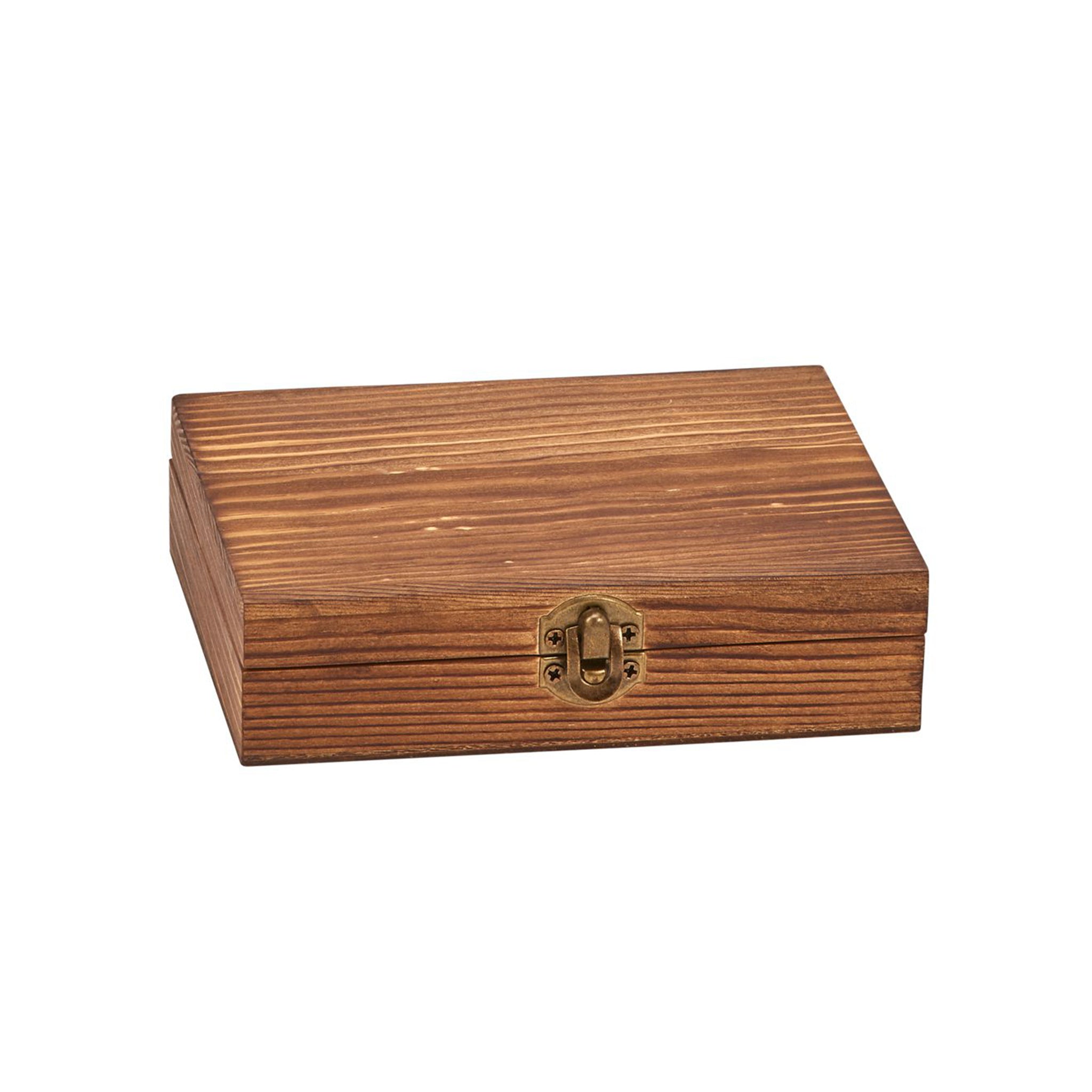 Wood Box Whiskey Stone Set featuring natural basalt stones, stainless steel tongs, and a rustic wooden storage box.