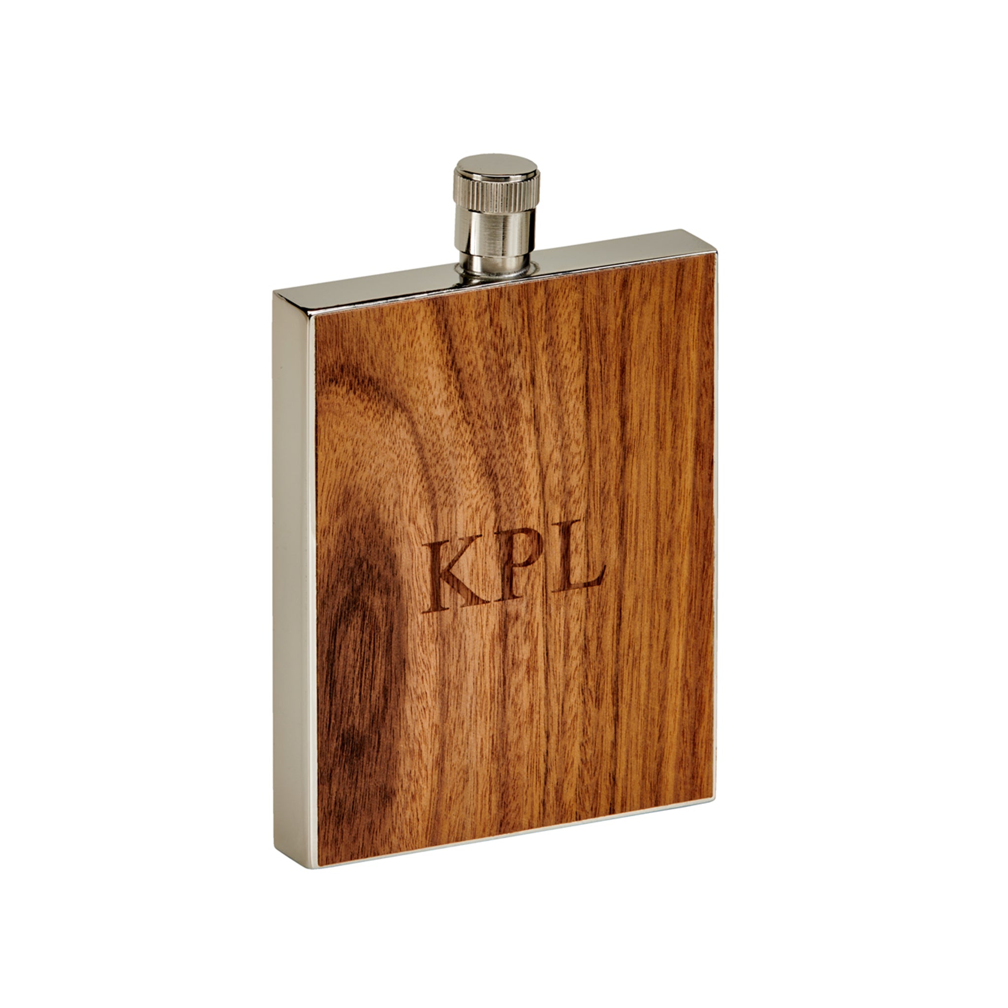 A stylish 3 oz wood grain flask made of stainless steel, showcasing an authentic wood grain design, perfect for on-the-go beverages.