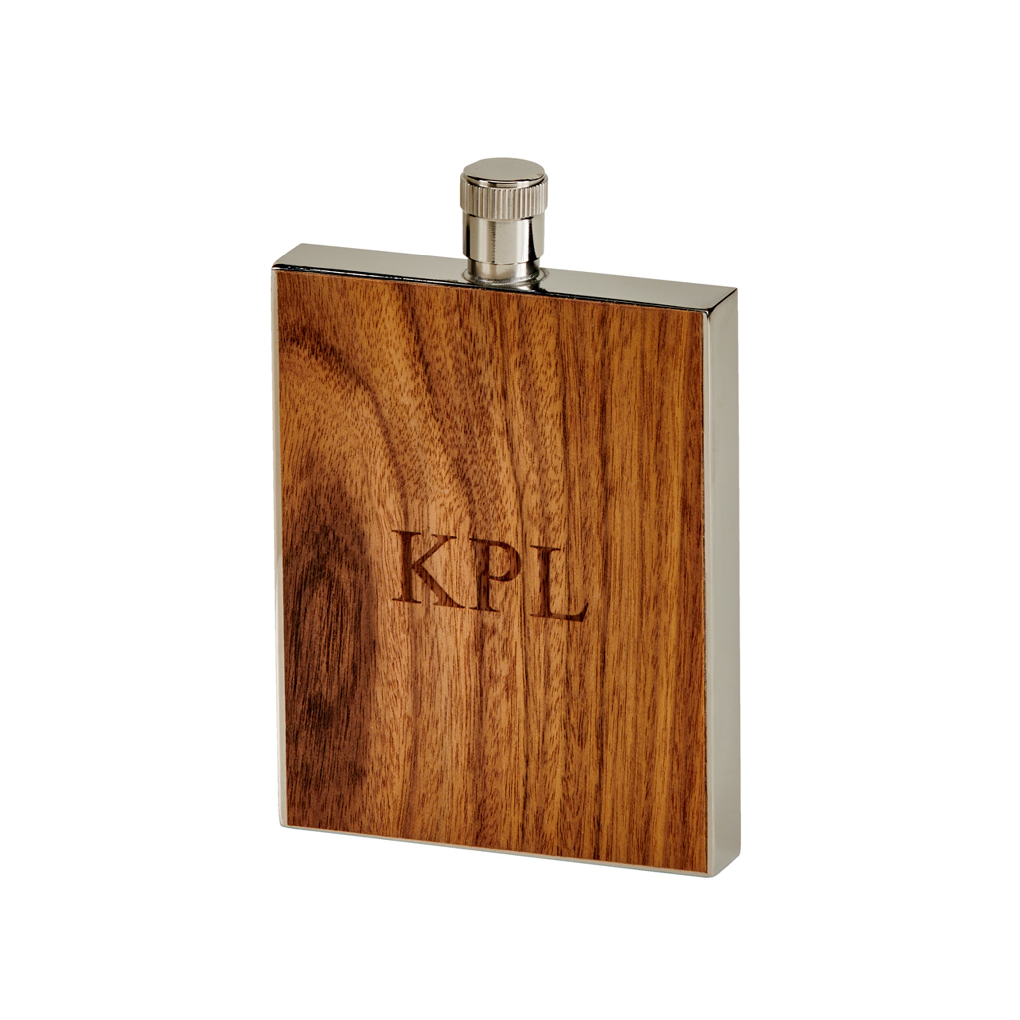 A stylish 3 oz wood grain flask made of stainless steel, showcasing an authentic wood grain design, perfect for on-the-go beverages.