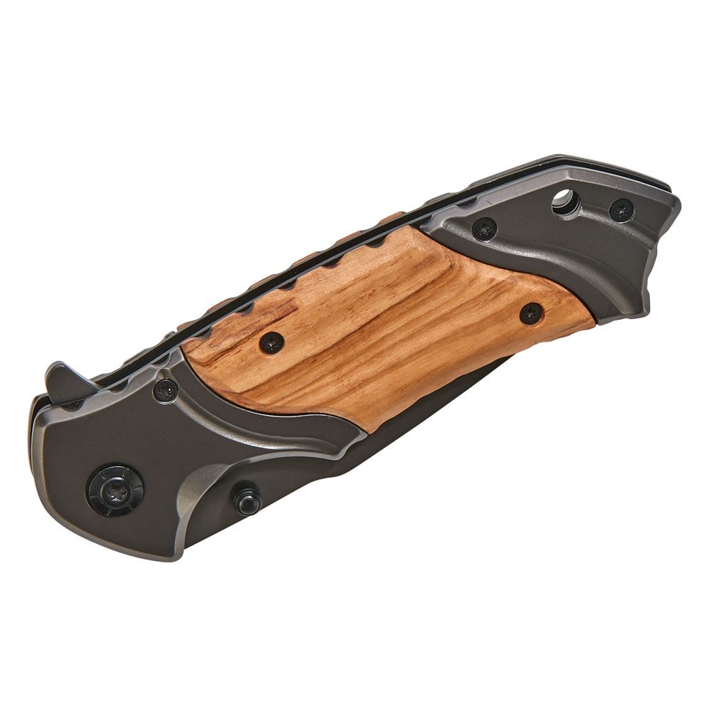 Wood Handled Pocket Knife with olive wood handle and stainless steel blade, closed position.