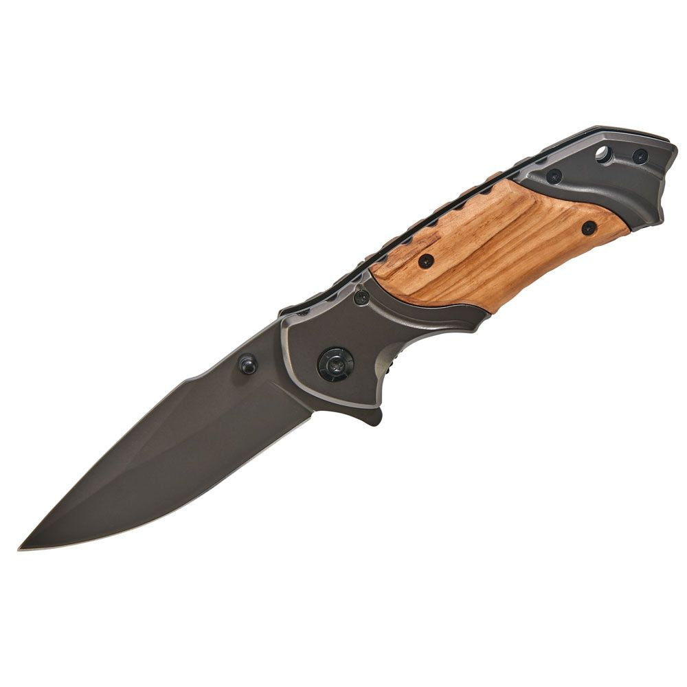 Wood Handled Pocket Knife with olive wood handle and stainless steel blade, closed position.