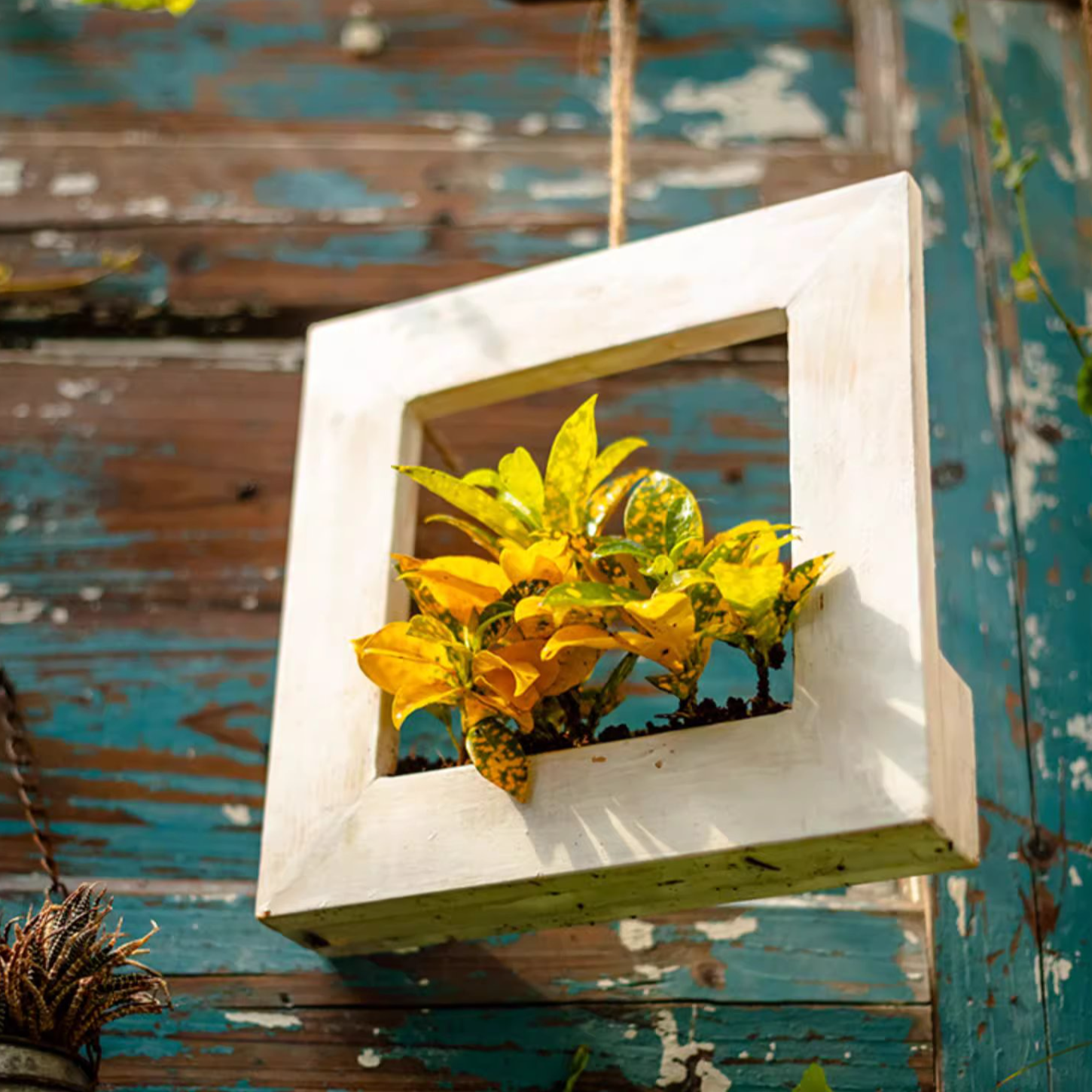 Wood Hanging Floral Frame in white, showcasing plants elegantly on a wall.