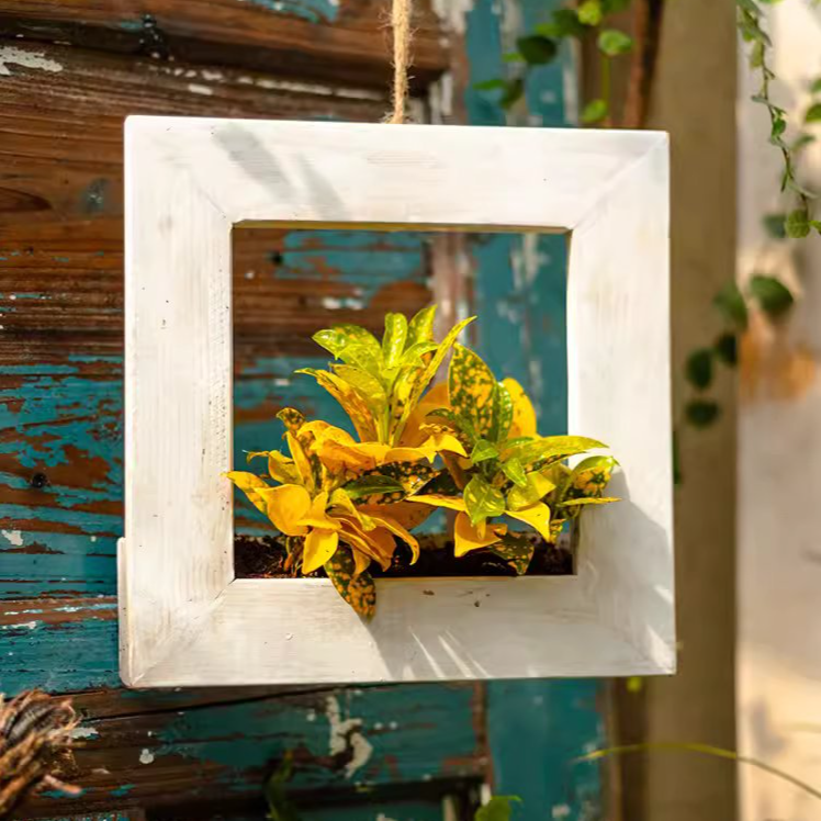 Wood Hanging Floral Frame in white, showcasing plants elegantly on a wall.