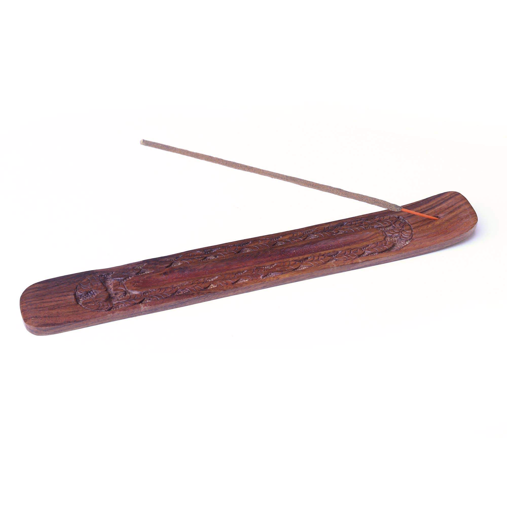 Wooden Flat Carved Leaves Incense Burner made from Teak wood, featuring intricate leaf carvings, measuring 10 inches long.