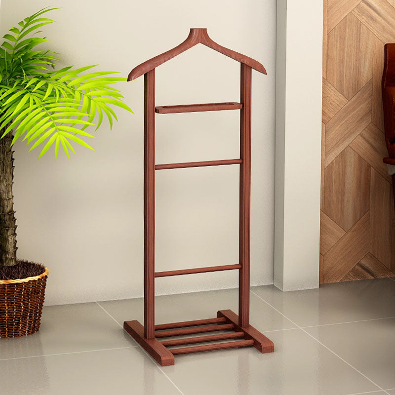 ALBERT Wooden Floor Hanger in Walnut, featuring a stylish design with a bottom shelf for shoes and a sturdy frame for delicate garments.