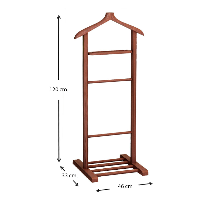 ALBERT Wooden Floor Hanger in Walnut, featuring a stylish design with a bottom shelf for shoes and a sturdy frame for delicate garments.