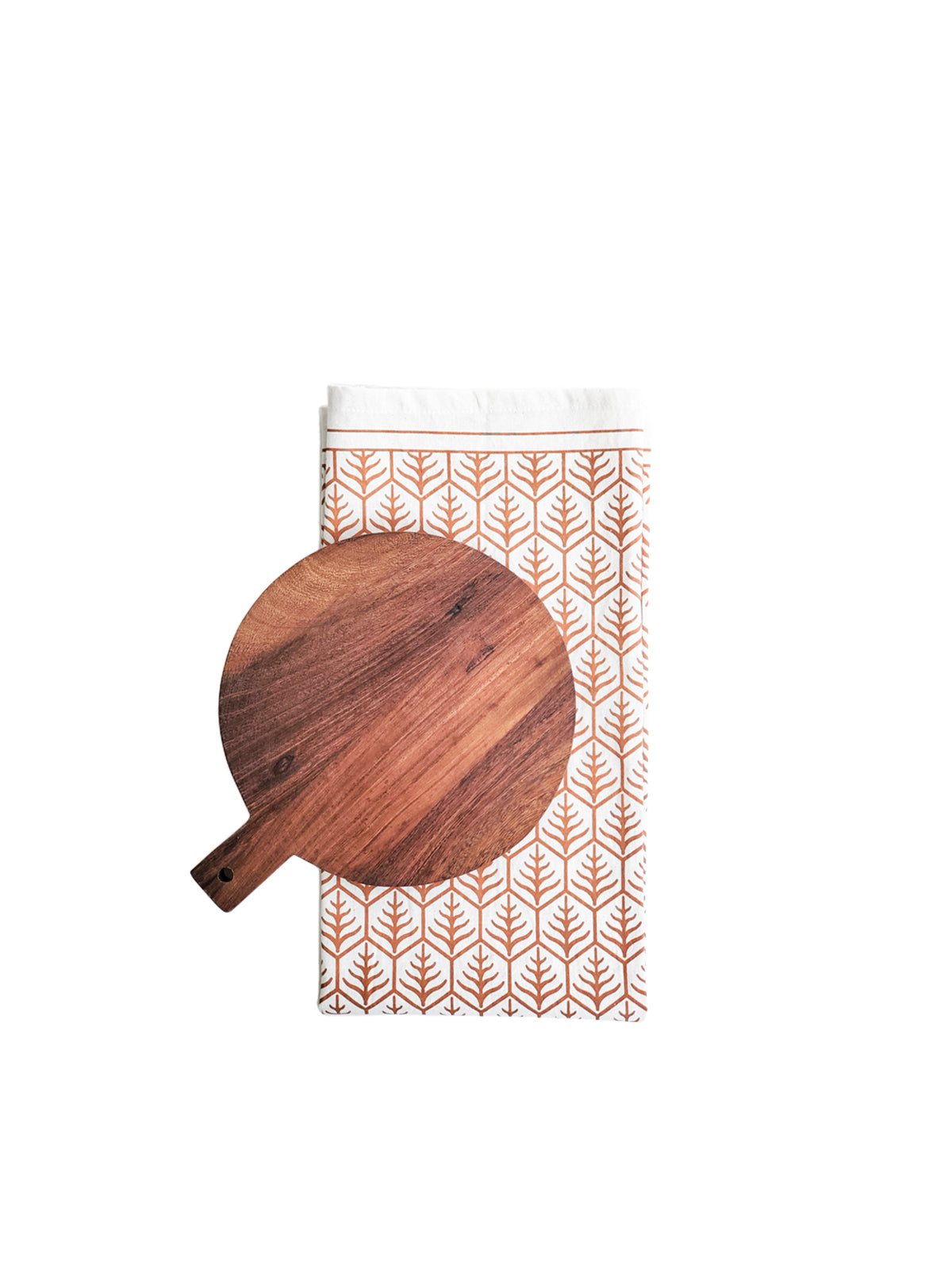 Handcrafted Wooden Round Serving Board with a hand screen-printed tea towel, showcasing natural wood grain and artisan design.