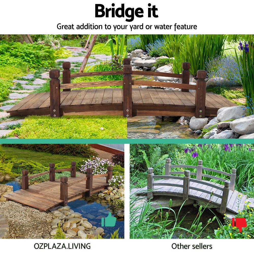 A beautifully crafted Wooden Rustic Bridge made of burnt Fir wood, featuring a classic arch design and sculpted side railings, set in a lush garden.