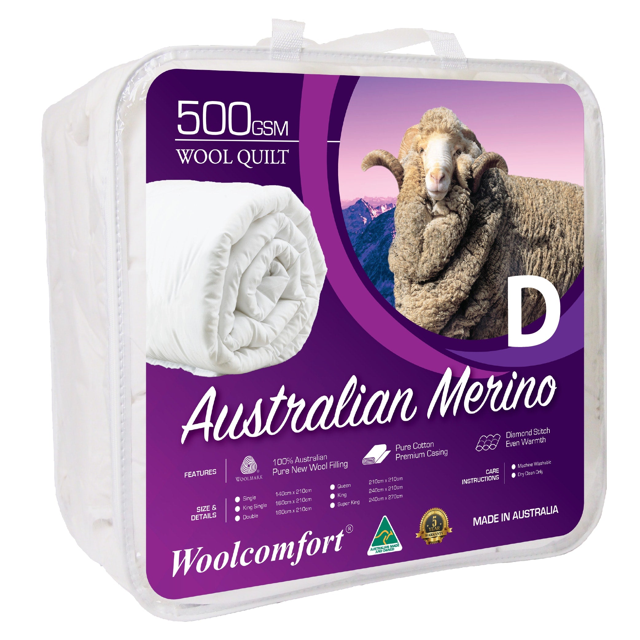 Woolcomfort Aus Made Merino Wool Quilt, 500GSM, double size, showcasing its soft texture and elegant design.