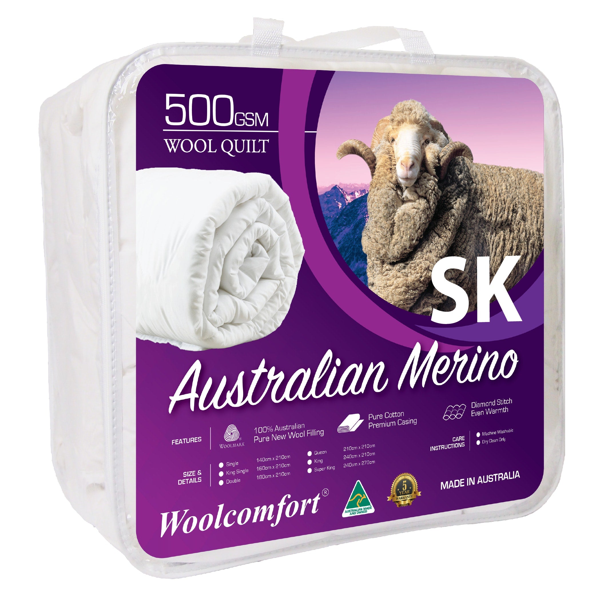 Woolcomfort Aus Made Merino Wool Quilt in Super King size, showcasing its soft cotton casing and diamond stitch design for warmth.