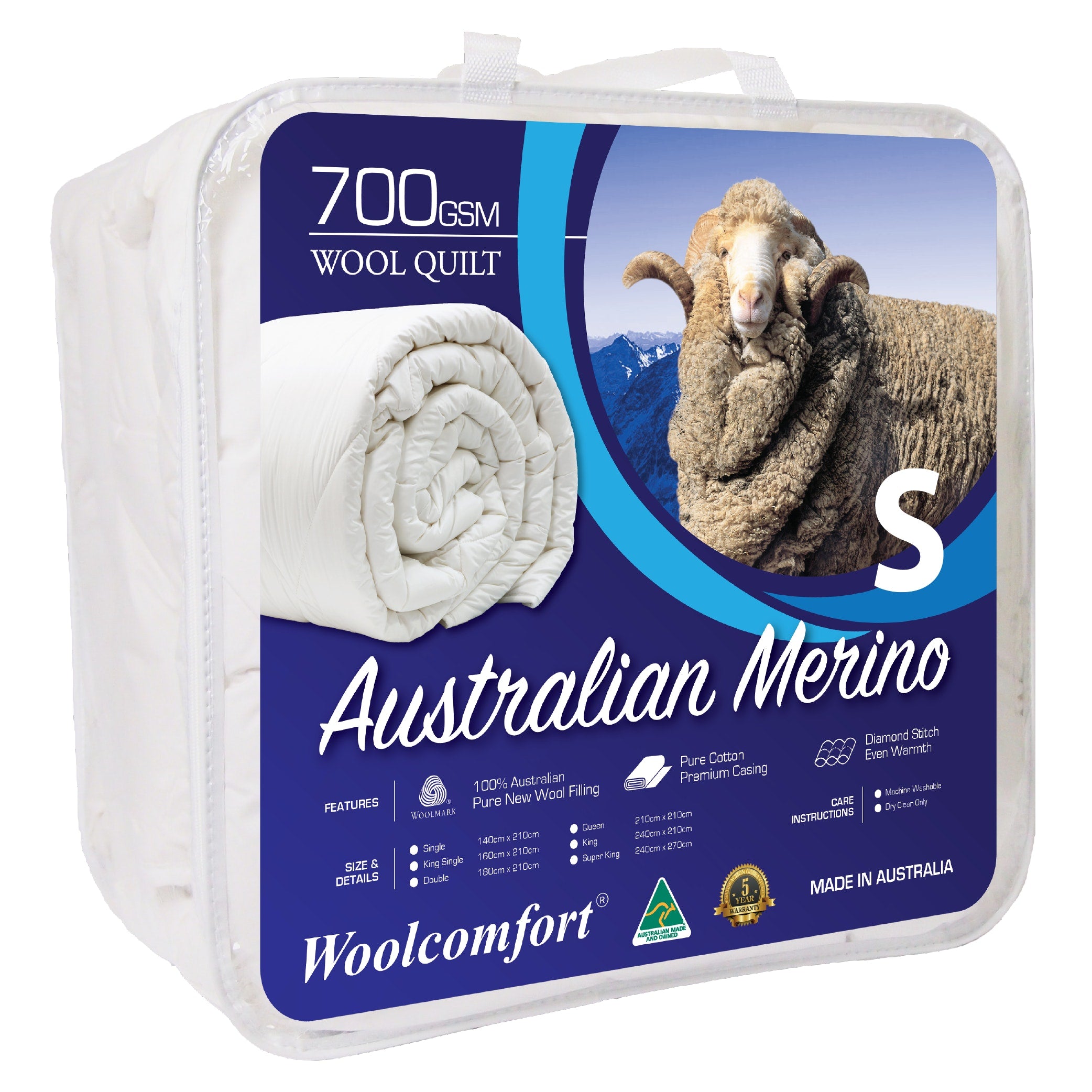 Woolcomfort Aus Made Merino Wool Quilt, 700GSM, single size, showcasing its luxurious design and soft texture.