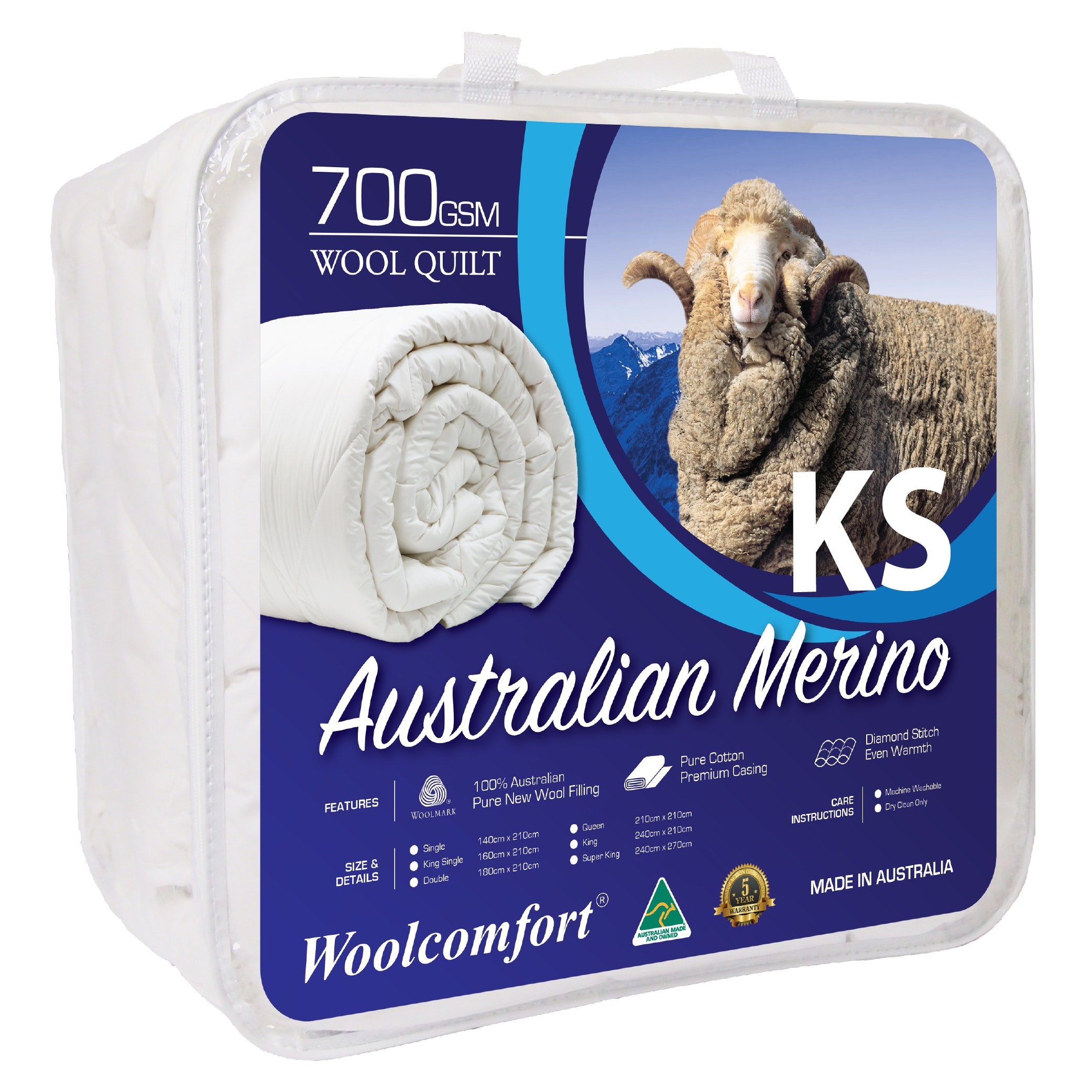 Woolcomfort Aus Made Merino Wool Quilt, 700GSM, King Single size, showcasing its luxurious design and soft cotton casing.