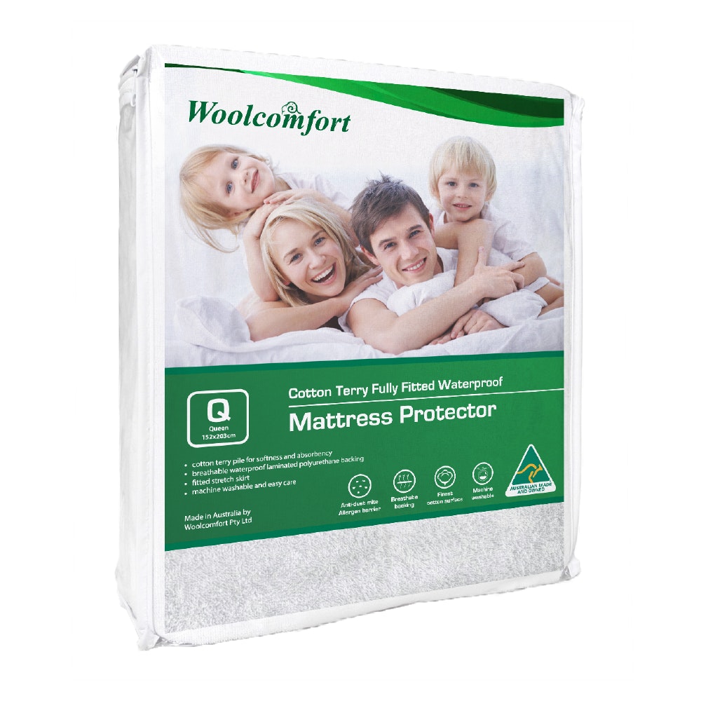 Woolcomfort Cotton Terry Fully Fitted Waterproof Mattress Protector showcasing its soft terry fabric and waterproof backing.