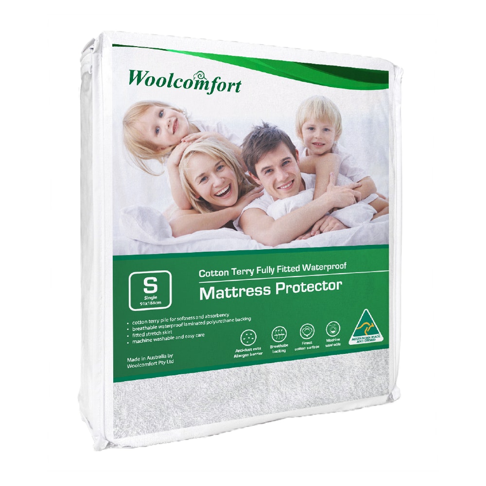 Woolcomfort Cotton Terry Fully Fitted Waterproof Mattress Protector showcasing its soft terry fabric and waterproof backing.