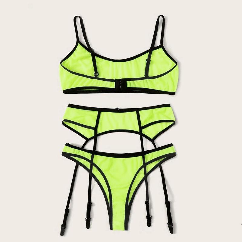 Women 3 Pcs Brasier Sexy Lingeries set featuring lace sling bra, bandage thong, and garter belt in black and green colors.