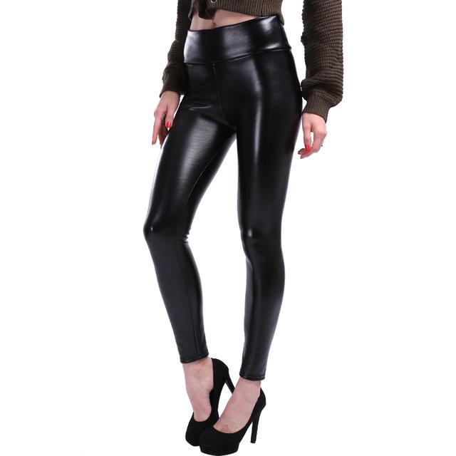 Women wearing black PU leather workout leggings with pleated design, showcasing a stylish and comfortable fit.