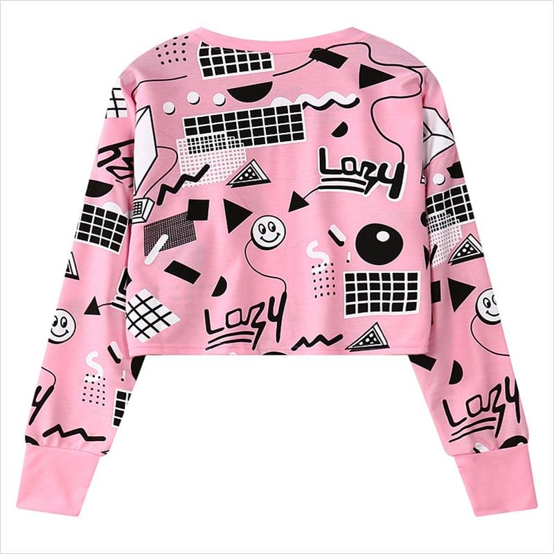 Women Harajuku Geometry Printed Sweatshirt in pink, featuring a trendy crop design and full-length sleeves with a unique geometric print.