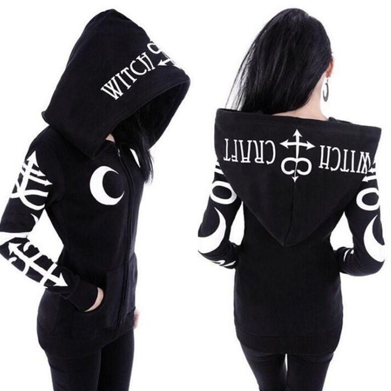 Women wearing a gothic punk hoodie with moon letter print, showcasing a stylish autumn look.