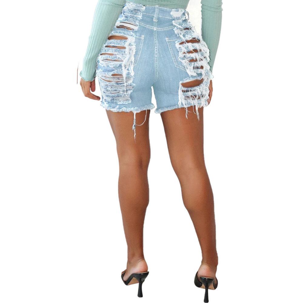 A pair of stylish women's high waist ripped jeans featuring hollow out details, perfect for summer wear.