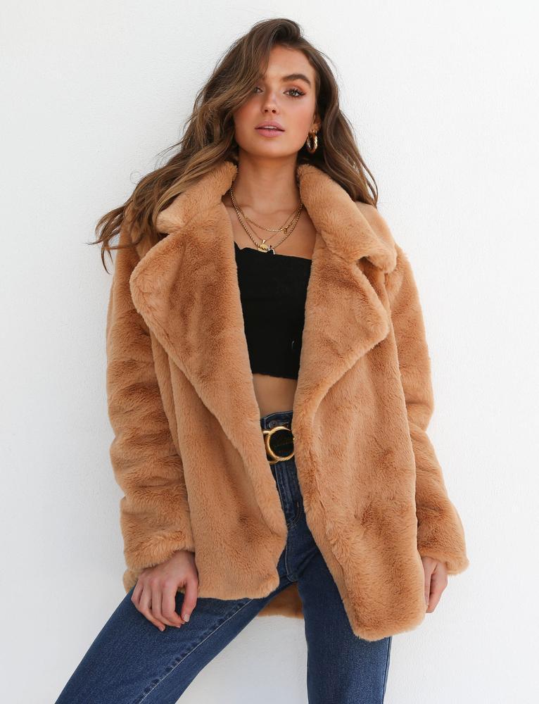 Women Winter Plush Coat in pink, white, and brown colors, featuring soft faux fur and a stylish turn-down collar.