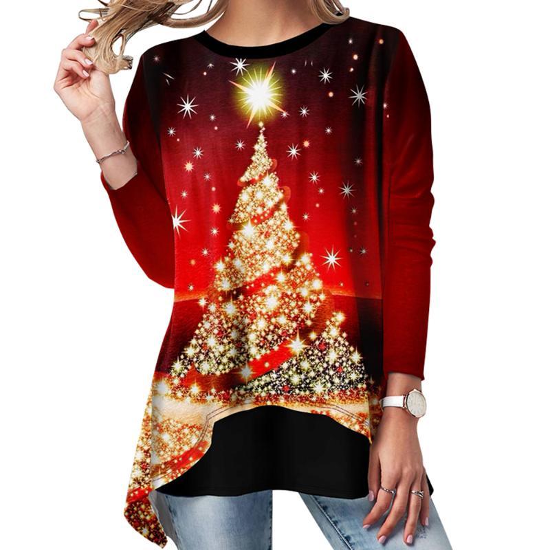 Women's Christmas blouse featuring a festive tree print, long sleeves, and a casual fit, perfect for holiday celebrations.