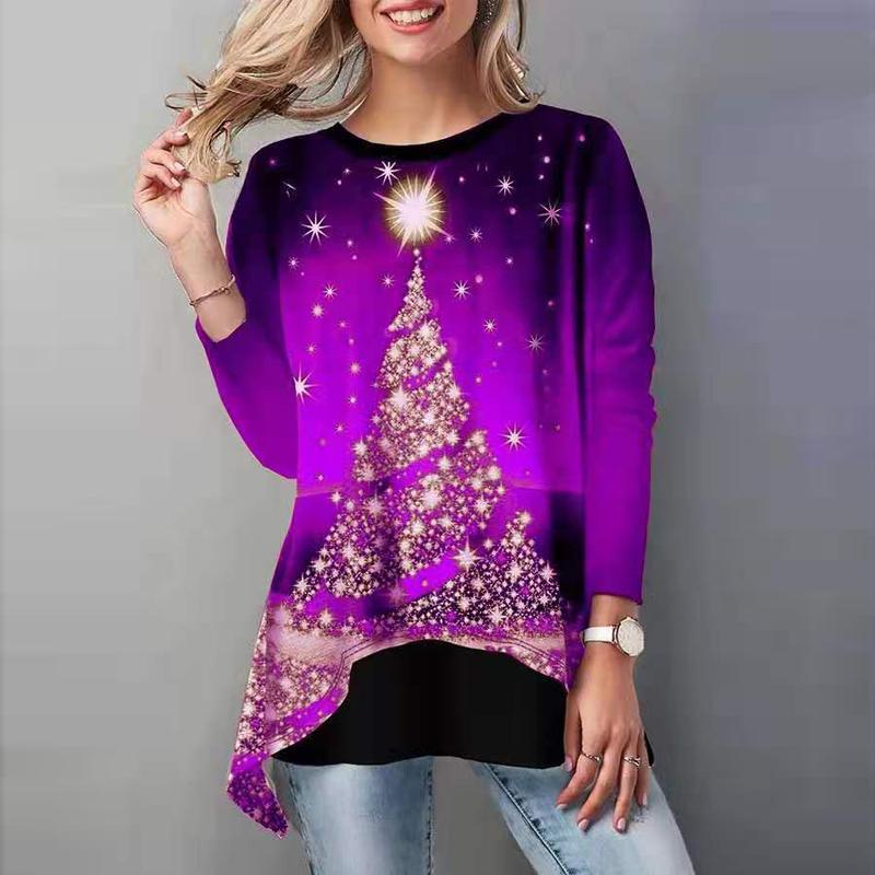 Women's Christmas blouse featuring a festive tree print, long sleeves, and a casual fit, perfect for holiday celebrations.