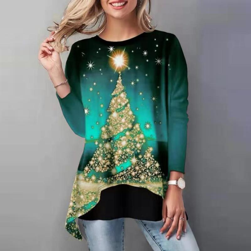 Women's Christmas blouse featuring a festive tree print, long sleeves, and a casual fit, perfect for holiday celebrations.