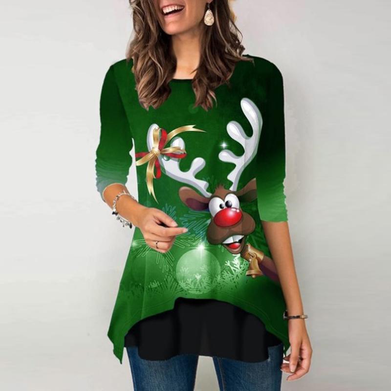 Women's Christmas blouse featuring a festive tree print, long sleeves, and a casual fit, perfect for holiday celebrations.