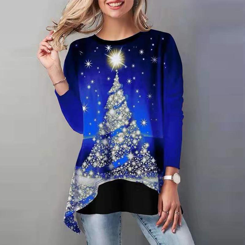 Women's Christmas blouse featuring a festive tree print, long sleeves, and a casual fit, perfect for holiday celebrations.