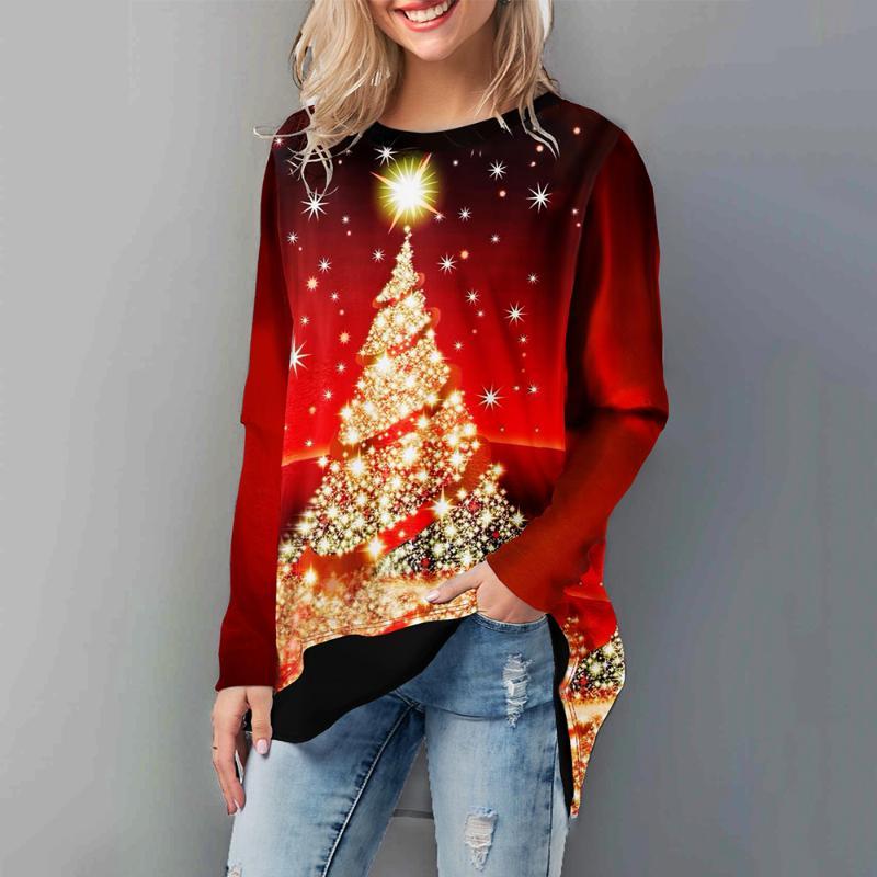 Women's Christmas blouse featuring a festive tree print, long sleeves, and a casual fit, perfect for holiday celebrations.