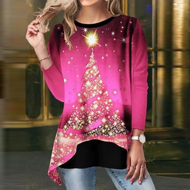 Women's Christmas blouse featuring a festive tree print, long sleeves, and a casual fit, perfect for holiday celebrations.