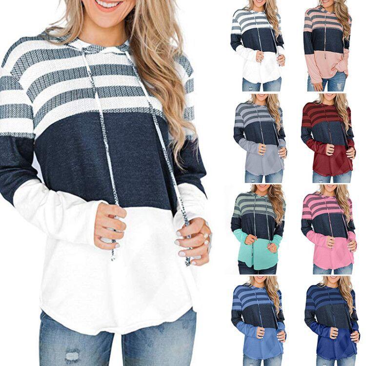 Women's Long Sleeve Striped Block Hoodie featuring a casual loose fit with a stylish color block design, perfect for everyday wear.