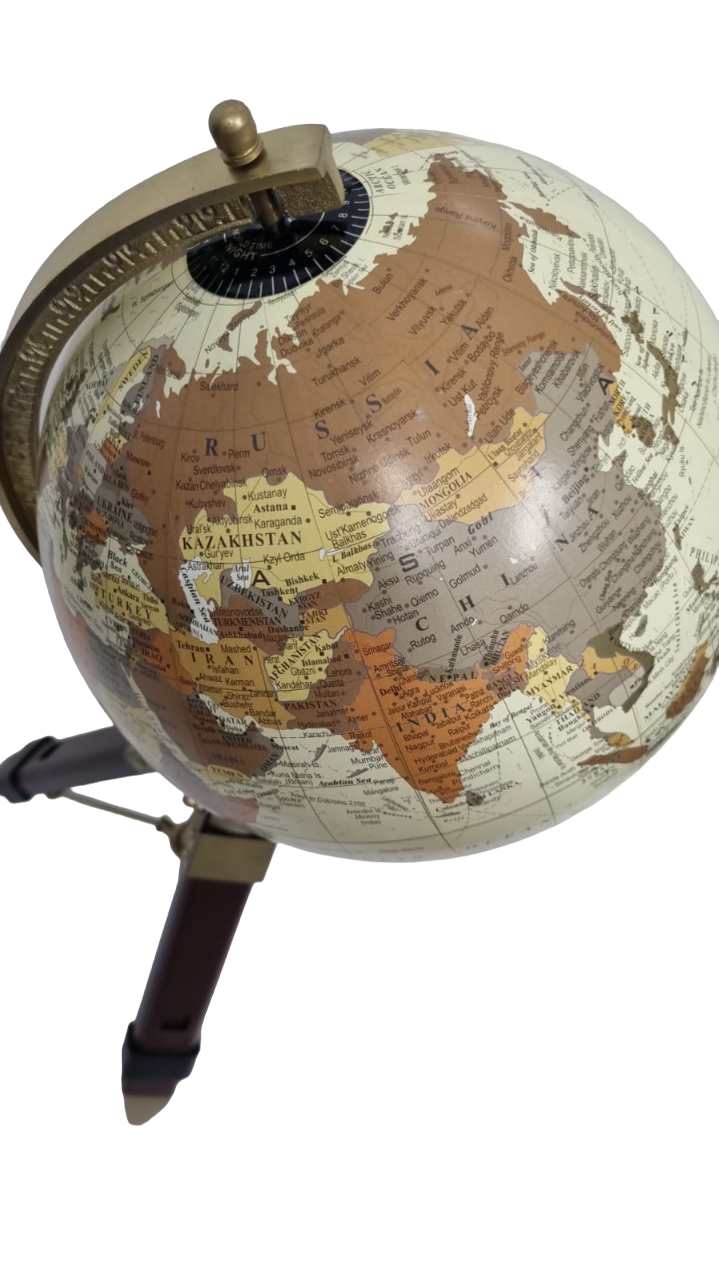 Handcrafted 600mm World Globe with antique finish, showcasing detailed geographical features.