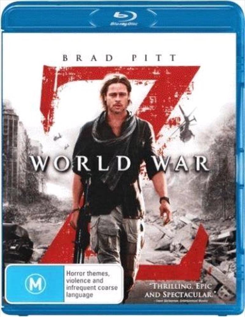 World War Z Blu-ray cover featuring Brad Pitt in a dramatic pose amidst a zombie apocalypse.