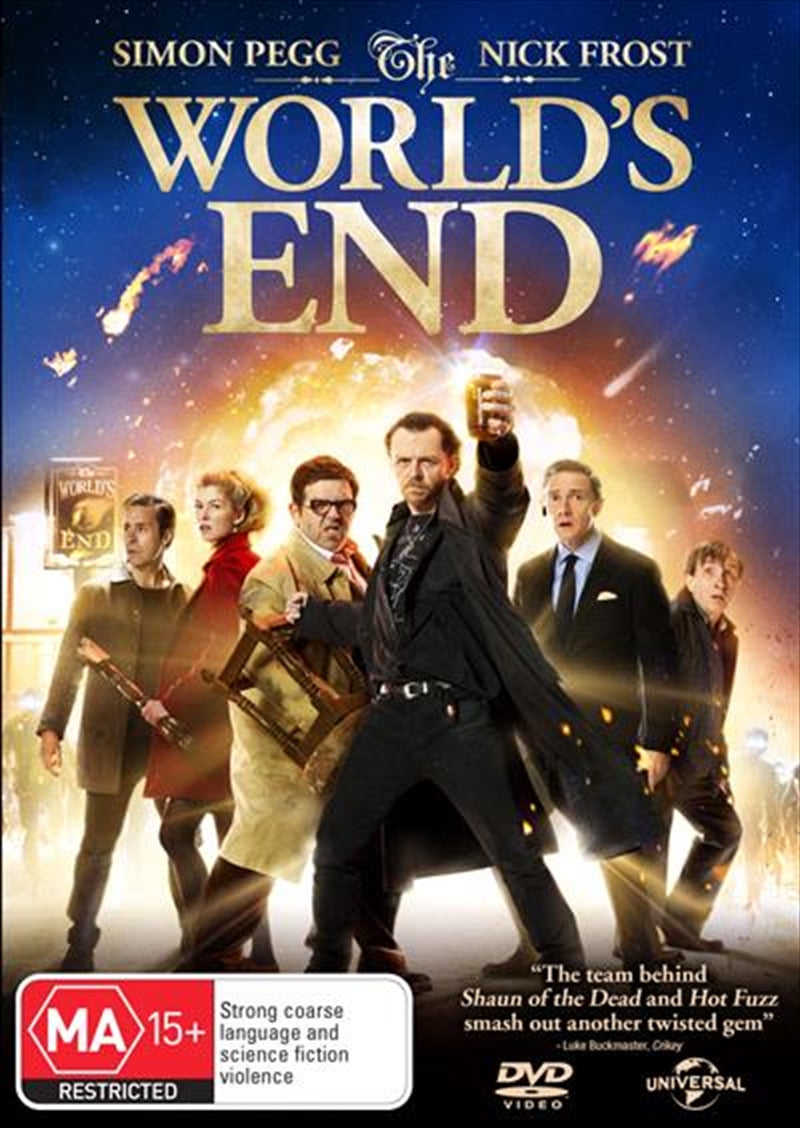 DVD cover of 'The World's End' featuring Simon Pegg and Nick Frost in a comedic pub crawl scene.