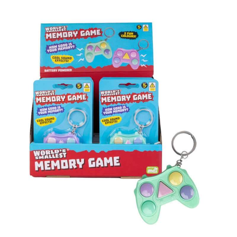 A compact and colorful World's Smallest Memory Game in green and purple, showcasing its portable design.