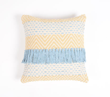 A beautifully crafted woven cotton blend cushion cover featuring a minimalistic design with a concealed zip closure, perfect for indoor and outdoor use.