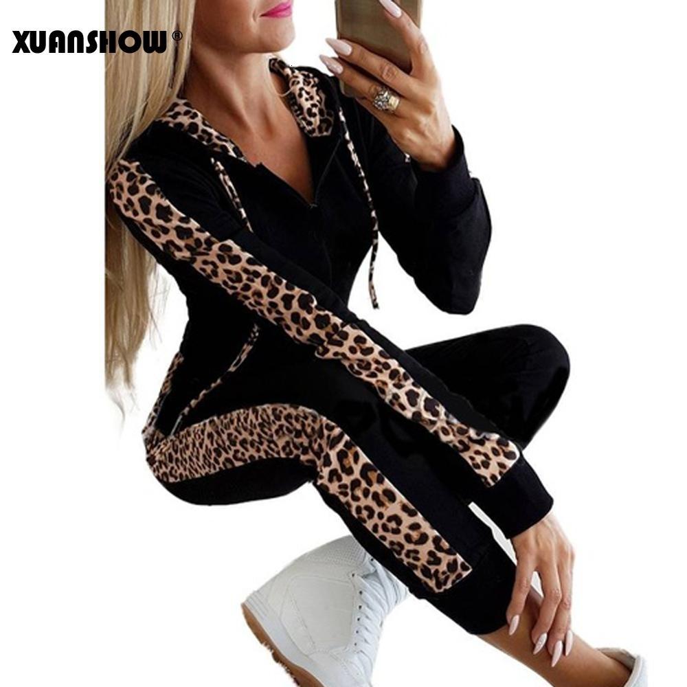 XUANSHOW Autumn Winter Fashion Tracksuit for women featuring a fleece leopard print design, including a zip-up hoodie and long pants.