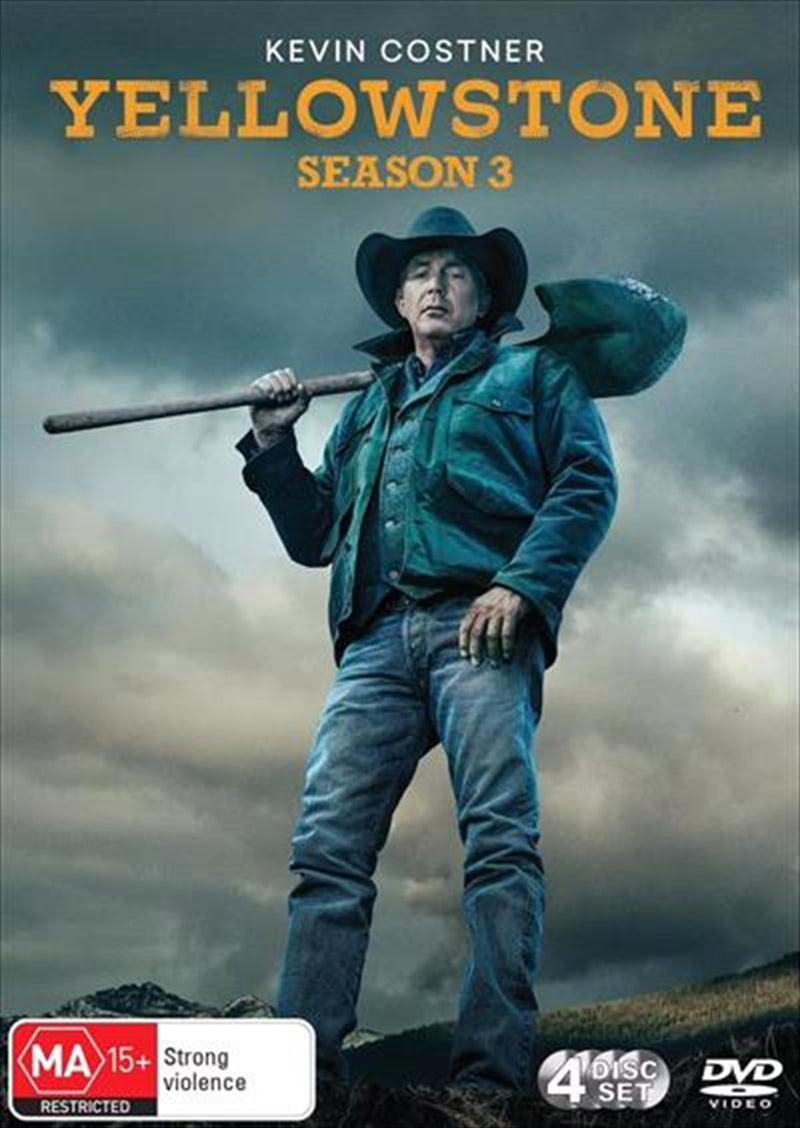 Yellowstone - Season 3 DVD cover featuring Kevin Costner and dramatic imagery from the series.